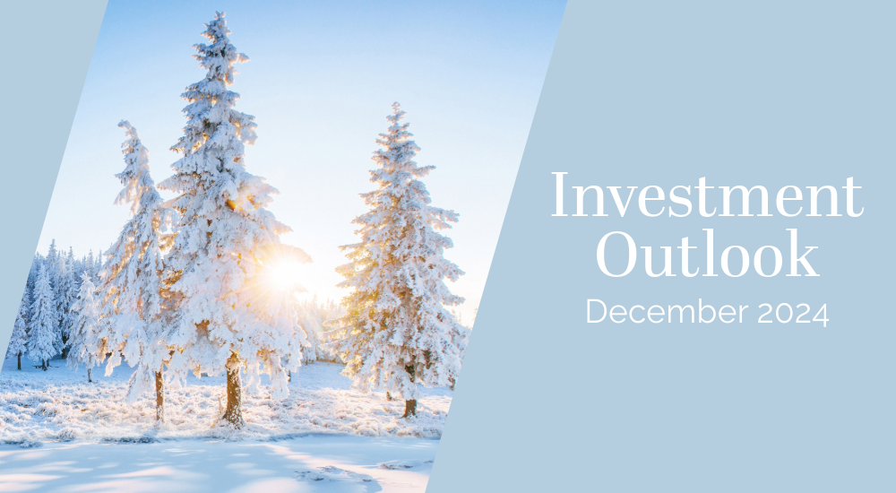 evergreen trees covered in snow with Investment Outlook December 2024 sign